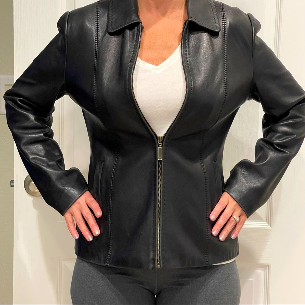 Alfani Fitted, black leather zip up jacket